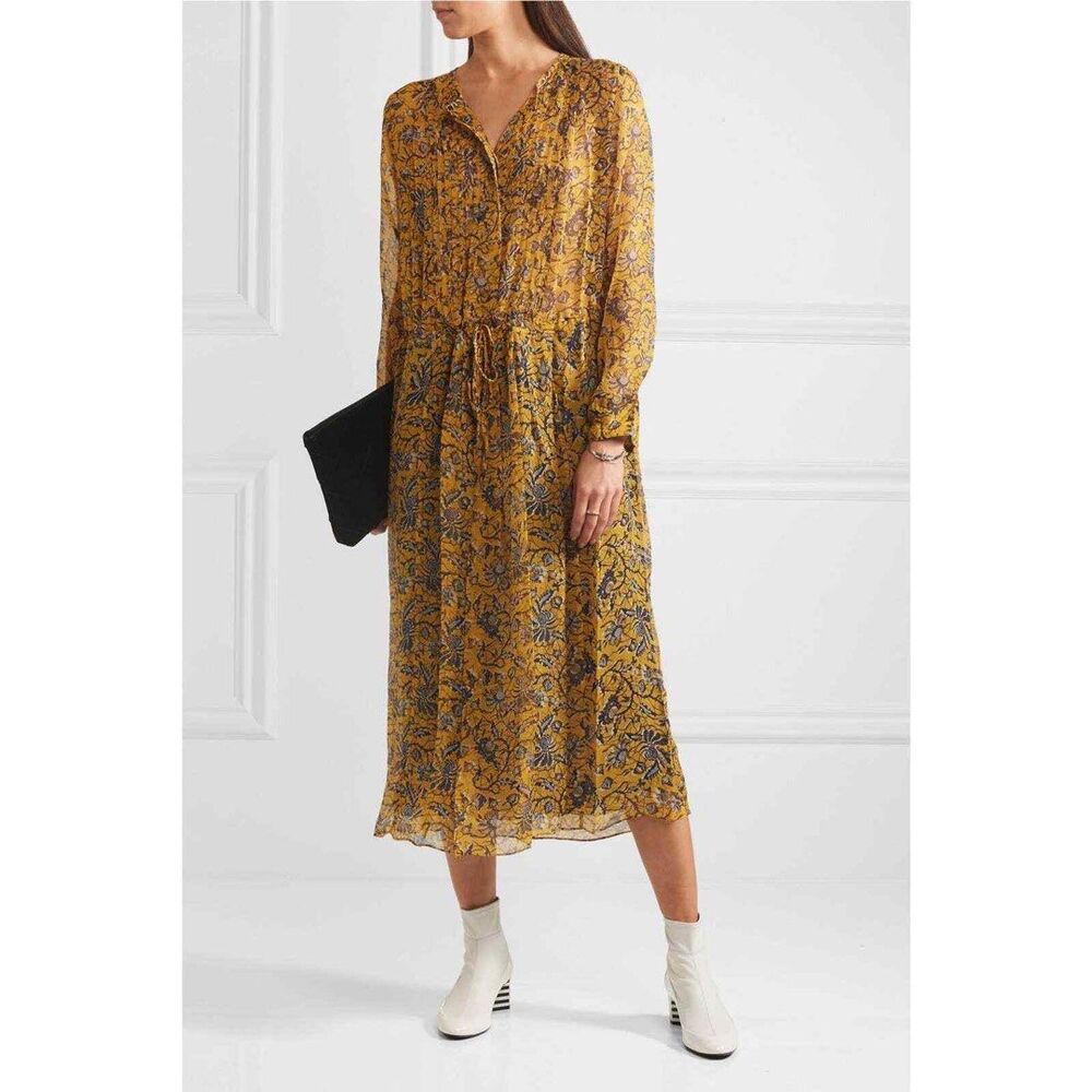 Isabel‎ Marant Etoile Baphir Floral Print Silk Midi Dress Yellow Pleated Chiffon